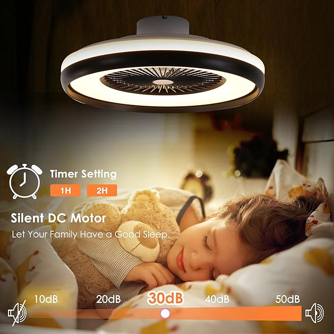 24" Bladeless Ceiling Fan with RGB Light Remote, Smart LED Ceiling Fans with Voice/App Control, Modern Low Profile Dimmable Light Ceiling Fan for Bedroom Living Room Black