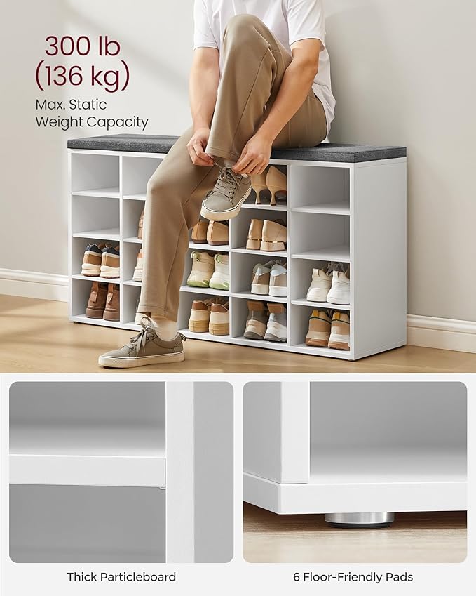 VASAGLE Custos Collection - Shoe Bench, Storage Bench with Padded Seat, Entryway Bench with 20 Compartments, for Bedroom, 12 x 47.2 x 24.7 Inches, Cloud White and Dove Gray ULHS045WB01