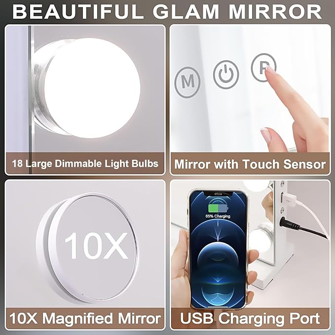 Kottova Vanity Mirror with Lights, Lighted Makeup Mirror with 18 Dimmable LED Bulbs, Hollywood Mirror, 3 Color Lightings, USB Charging Port Touch Control, Metal Frame（27.5" x 21.6"）