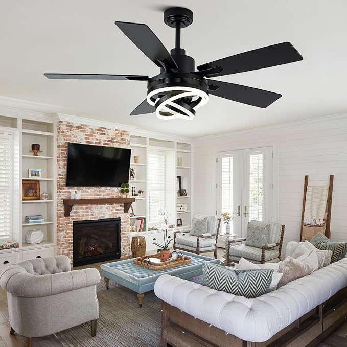52" Chandelier Fan Black Modern Ceiling Fan with Lights DC Motor Reversible Indoor Ceiling Fan for Bedroom, Living Room