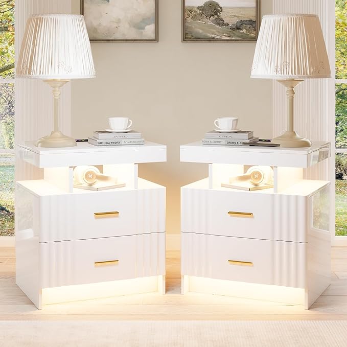 Nightstand with Wireless Charging Station,Set of 2 Bedroom Bedside Table with RGB Lights, Smart Night Stand with 2 Drawers, Bedside Tables Modern Bedside Table for Bedroom, Living Room(White)