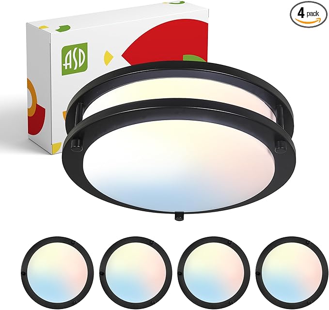 ASD LED 10" Round Flush Mount Lighting, Close to Ceiling Light Fixture | 3CCT, Dimmable, Energy Star, ETL Listed | 16W 1041LM 3000K-5000K 120V | Low Profile Double Ring Lamp | Black, 4 Pack