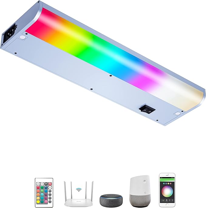 Hardwire Under Cabinet Lights Hardwired or Plug in Tasking Lighting White & RGB Color Changing Dimmable with Remote, Alexa, Google Enabled, Smart Under Counter Lighting Fixture for Kitchen (18 Inch)