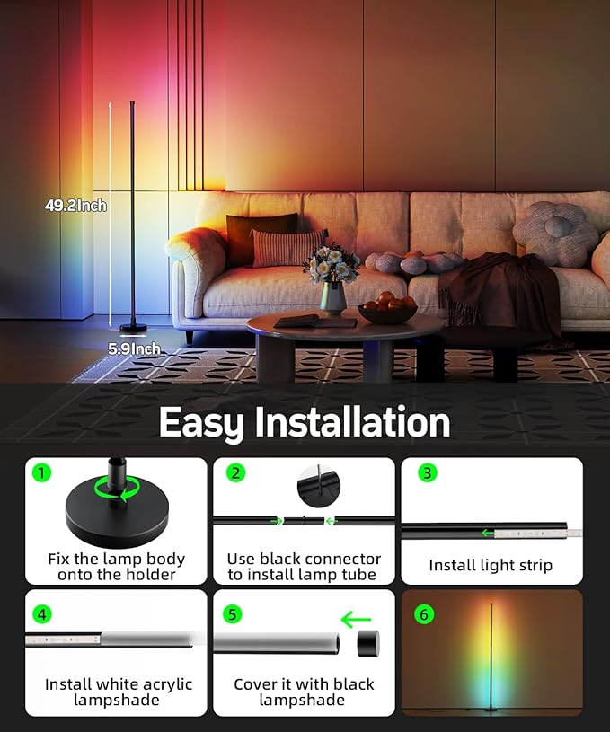 Smart RGB LED Corner Floor Lamp, Color Changing Standing Lamp with 16 Million Colors, Music Sync Ambient Lighting,Remote & App Control Modern Floor Lamp for Living Room, Bedroom, Gaming Room Decor