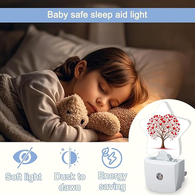 Tree of Love Night Light,Red Love Heart Plug-in Star Night Lights with Dusk-to-Dawn Sensor for Bedroom,Bathroom,Living Room Sleep Friendly Lamp for Women Girls Boys Gift,0.5W