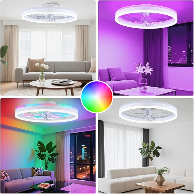 19.7" Ceiling Fans with Lights, Smart RGB Color Changing Low Profile Ceiling Fan, Modern Flush Mount Fandelier with Remote and APP, 6 Speeds, Quiet DC Motor, for Living Room, Bedroom, Indoor