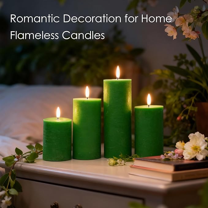 Green Flameless Candles, 4 Pack Battery Operated Candles for St. Patrick’s Day, Real Wax LED Fake Candles for Spring Decor Party Centerpiece Green