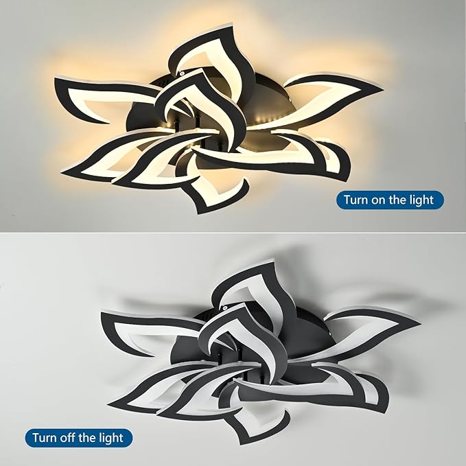 HuixuTe 31" Black Modern Geometric Dimmable Ceiling Light Fixture, 9 Leaves Low Profile Flush Mount Ceiling Light for Kitchen, Bedroom, Living Room