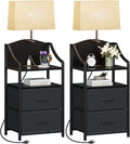 Evermagin 45" Tall Nightstands Set of 2 with Light, Nightstand with Charging Station, USB Ports and Outlets, Bedside Table End Table with 2 Fabric Drawers for Bedroom, Dorm, Black