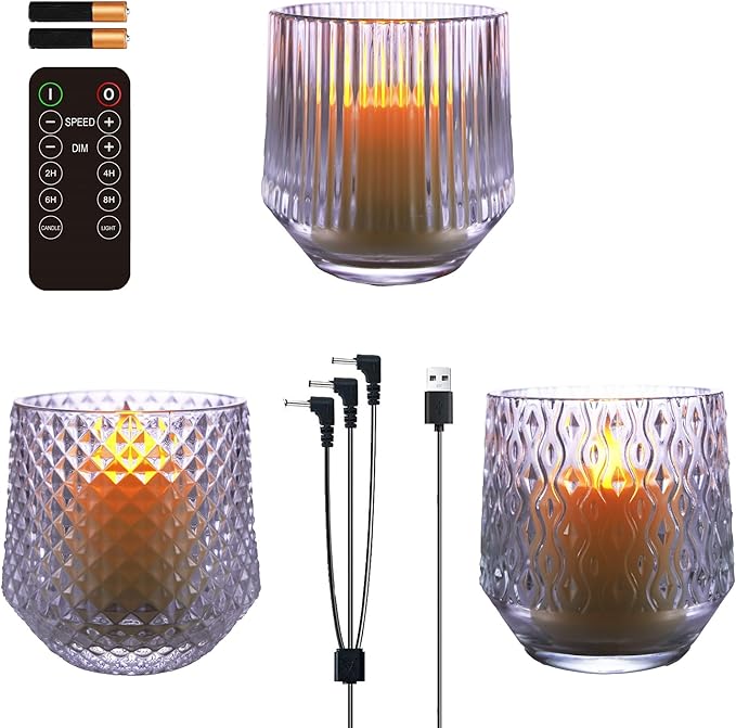 Rechargeable Flameless LED Candles Set – Crystal Clear Glass, Real Wax, Warm White Flicker, Remote & Timer, Spring Home Decor for Women, USB Rechargeable