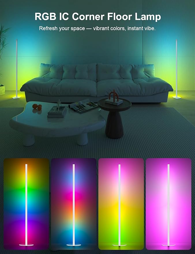 White Corner Floor Lamp Pair, RGB IC Corner Lamps with APP & Remote Control, 16 Million Colors, Timing, Color Changing Ambient Lighting for Living Room Bedroom Gaming (Share One Adapter)