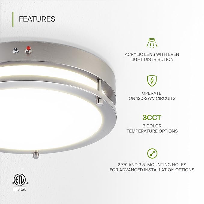 ASD LED 14" Round Flush Mount Lighting, Close to Ceiling Light Fixture | 3CCT, Dimmable, Battery Backup, ETL Listed | 21W 1854LM 3000-5000K 100-277V | Low Profile Double Ring Lamp | Nickel