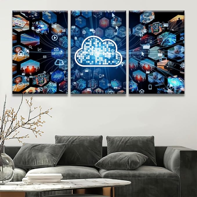 LSIUHWUWI 3 Pieces Wall Art for Living Room Cloud Computing Concept Communication Network Prints for Home Wall Decor, Posters for Home Hotel Wall Decoration, Framed Ready to Hang, 16x24inchx3