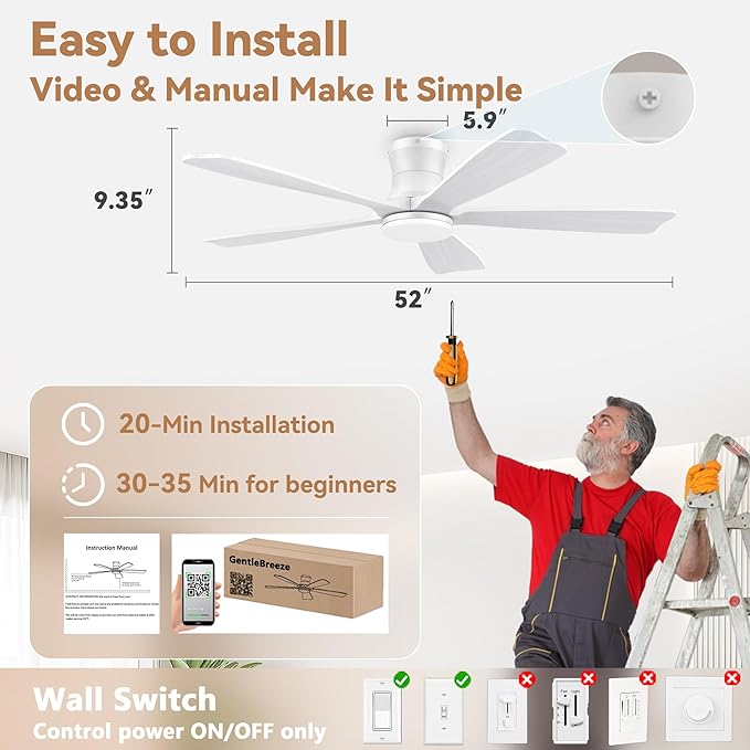 GentleBreeze 52" Wood Smart Low Profile Ceiling Fans with Lights Remote,Control via WIFI Alexa Google App,Quiet DC Motor,Outdoor Indoor Flush Mount Ceiling Fan for Modern Bedroom Patio Porch,White