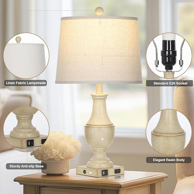Farmhouse Vintage 3-Way Dimmable Table Lamp Set of 2 with USB A+C Charging Ports & AC Outlet, Rustic Mid Century Antique Traditional Bedside Lamps for Living Room Bedrooms Nightstand End Table White