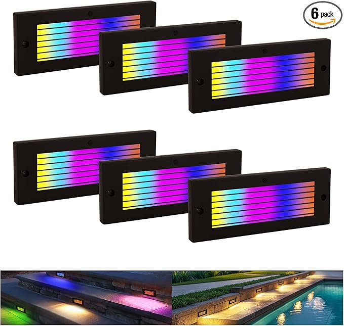 Color Changing RGB Low Voltage Deck Lights, 5W, 8.7 Inch 12V Waterproof Wired Outdoor Stair Lights for Steps, Decks, Fences, Stairwell, Large Area Glare Free Surface Mount, Bronze, ETL, 6PK