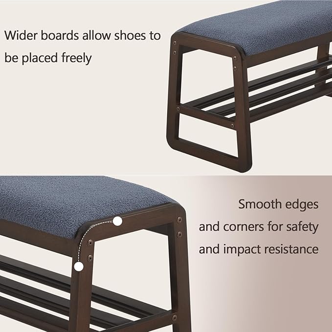 Shoe Rack Bench,2 Tier Solid Wooden Entryway Bench with Shoe Storage, Shoe Rack with Cushion for Living Room, Hallway(Grayish Blue, 31.5")