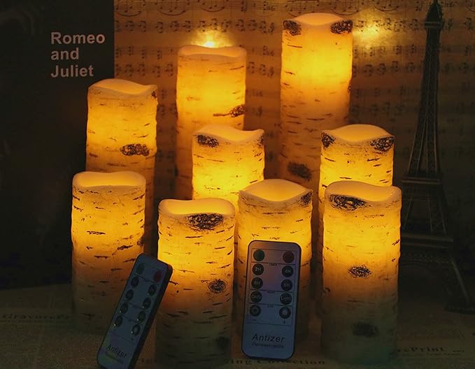 antizer Flameless Candles Birch Bark Effect Battery Operated Candles 4" 5" 6" 7" 8" 9" Set of 9 Real Wax Pillar LED Candles Each Candle 2.2" Diameter with 10-Key Remote Control 2/4/6/8 Hours Timer