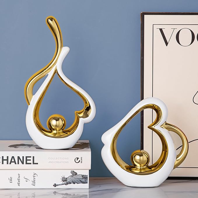Gold Sculpture Coffee Table Decor, Dining Room Table Centerpieces, Ceramic Statue Abstract Sculptures Home Decorations, Modern Art Heart Shape Mantle Decor for Living Room