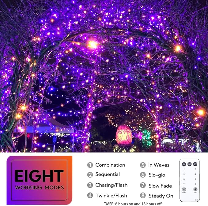 66FT 200 LED String Lights, Purple Halloween Lighting with 8 Modes, Indoor Outdoor Decorative Fairy Light for Holiday, Tree, Window, Party