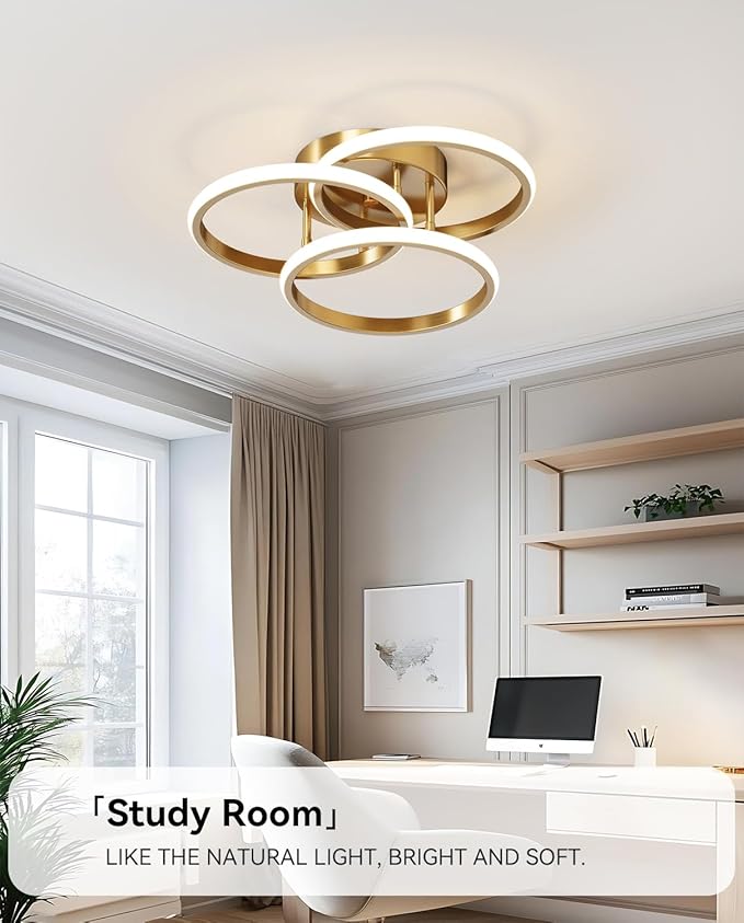 Dimmable LED Semi Flush Mount Ceiling Light Fixture with Remote Control 3-Color Dimming Circle Modern Chandelier, Close to Ceiling Bedroom Kitchen Hallways Balcony Corridor Lamp (15in- 3 Ring Gold)