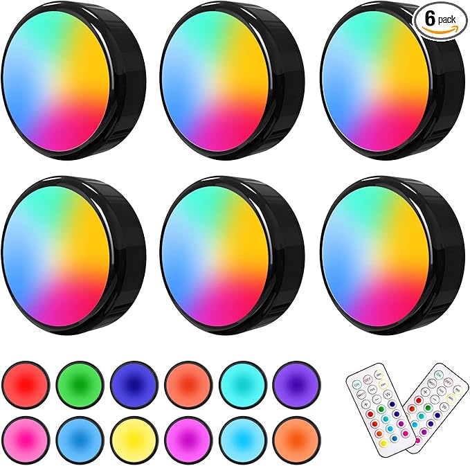 ILYXY LED Puck Lights with Remote, 6 Pack Under Cabinet Lighting, Battery Operated Push Light, Dimmable & Color Changing Tap Lights, Stick-On, Shiny Black