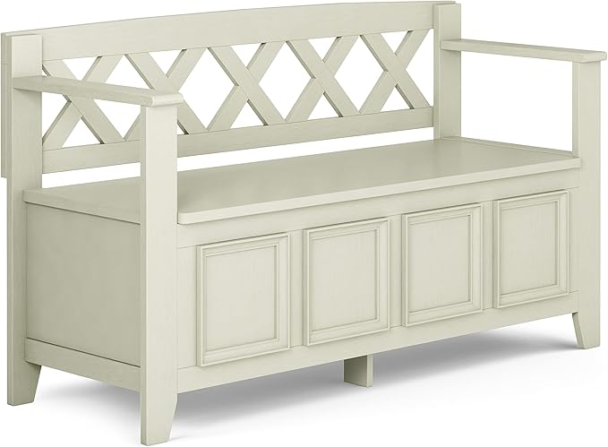 SIMPLIHOME Amherst Entryway Storage Bench - 48 inch Wide Solid Wood Hallway Seat in Antique White, Transitional Bench for Entryway or Living Room with Lift-Up Lid and Spacious Storage