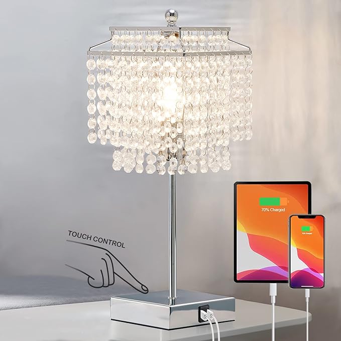 Touch Crystal Table Lamp Silver, Bedside Lamp with USB C+A Ports, Dimmable Nightstand Lamp with Crystal Shade, Bedroom Lamp for Girls Bedroom, Living Room, Bulb Included