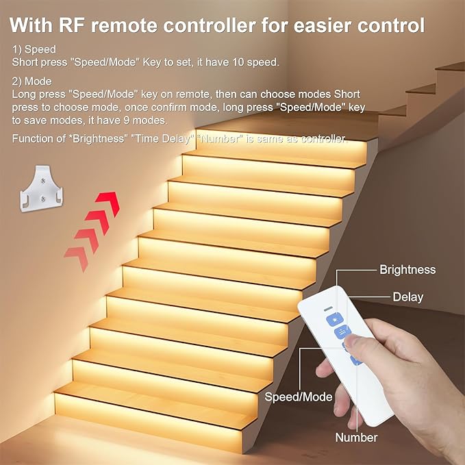 Intelligent Motion Sensor LED Stair Light Kit with Main Wire& Daylight Sensor, Step by Step Control 47.2 Inches Cuttable LED Strip Lights Indoor with Remote (20 Stairs,3000K)