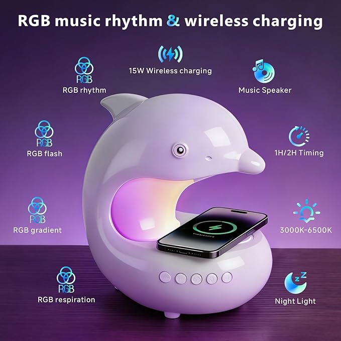 Smart LED Night Light with Bluetooth Speaker, Rechargeable Table Lamp with 15W Wireless Charging | 4 Lighting Modes | Timing | Dimmable Atmosphere Lamp for Bedroom, Home Decor, Party, Office