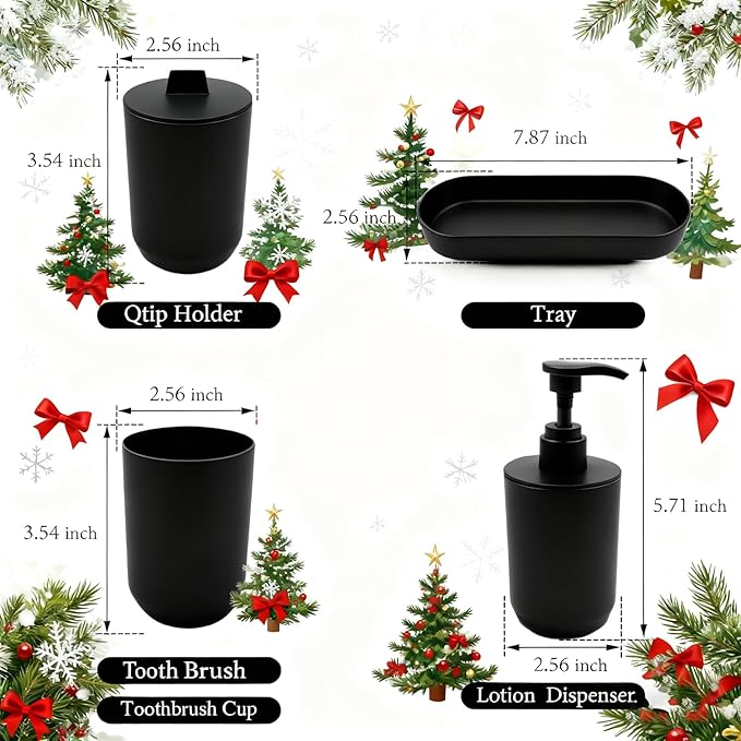 4-Piece Bathroom Accessories Set, Matte Black Plastic Countertop Organizer with Toothbrush Holder, Lotion Soap Dispenser, Qtip Holder & Vanity Tray – Modern Bathroom Decor for Home