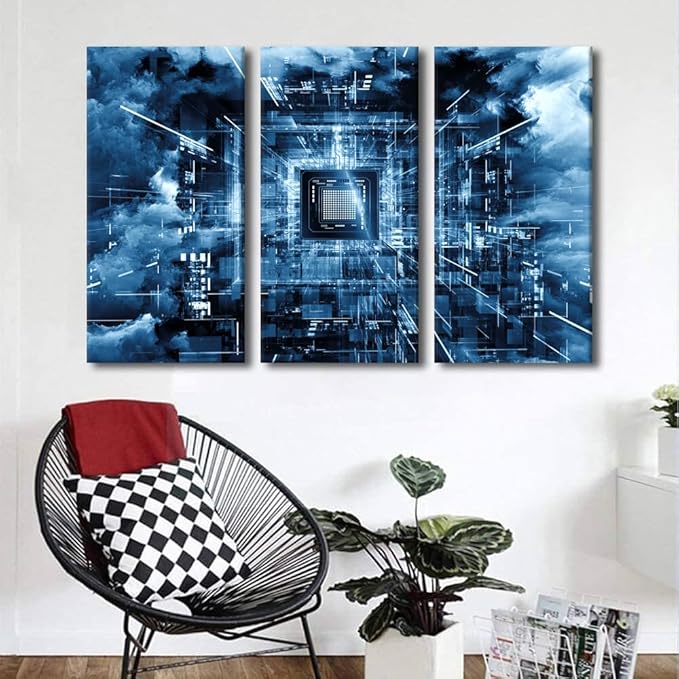 Technology Digital Art Modern Wall Art CPU Concept Abstract Picture Canvas Wall Art Contemporary Artwork Print On Canvas Bedroom Wall Art Pictures for Living Room Framed Ready to Hang(40"Wx60"H)