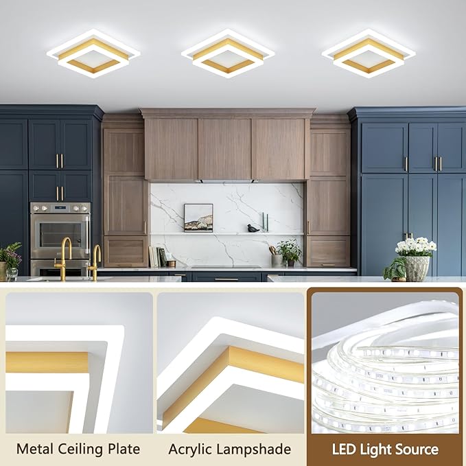 Modern LED Ceiling Lights, Gold Small Hallway Ceiling Light, 32W Cool White 6000K Acrylic LED Ceiling Light Fixtures, Close to Ceiling Lights for Bedroom Kitchen Bathroom(2 Pack)