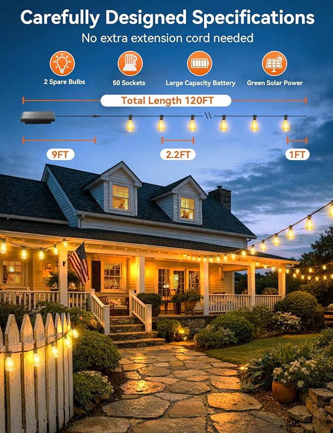 Brightever 120FT Solar String Lights Outdoor Waterproof, Patio Lights Solar Powered with Remote, 50+2 Shatterproof ST38 LED Bulbs, Dimmable&3 Lighting Modes, Hanging Outdoor Lights for Outside, Party