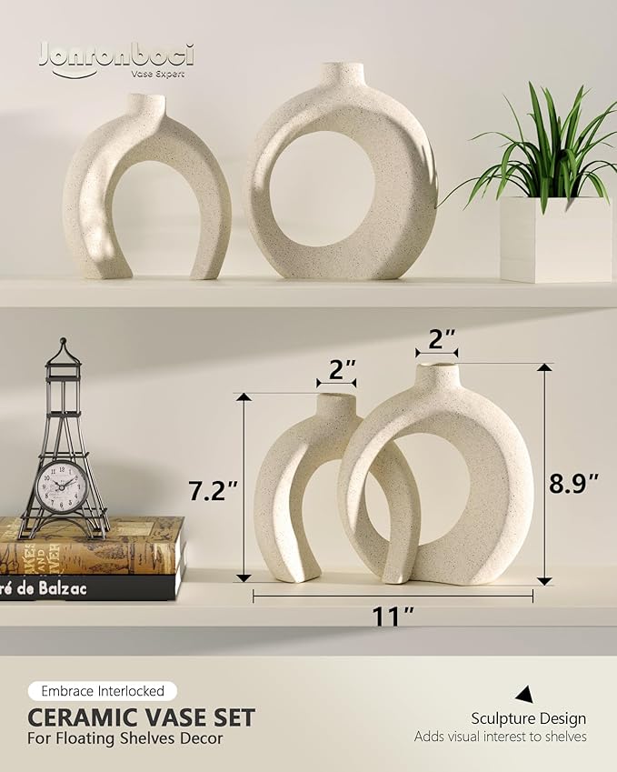 Interlocked Decorative Vase Set of 2 | Matte Sand-Textured Ceramic Vases for Modern Japandi & Boho Home Decor, Standalone or with Flowers for Mantel, Shelf, Entryway Console Table (Matte Cream White)