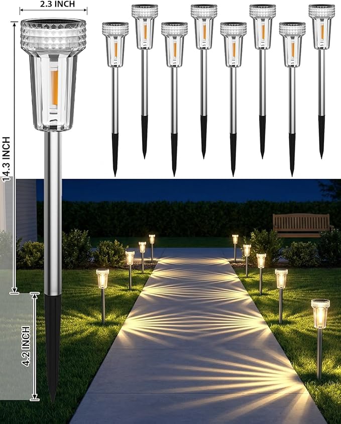 DERAYSION 12 Pack Solar Pathway Lights Outdoor, Auto Dusk-to-Dawn Landscape Garden Lighting, Waterproof Stainless Steel Pole Lighting for Path, Yard, Walkway, Garden, Driveway Decor - Warm White