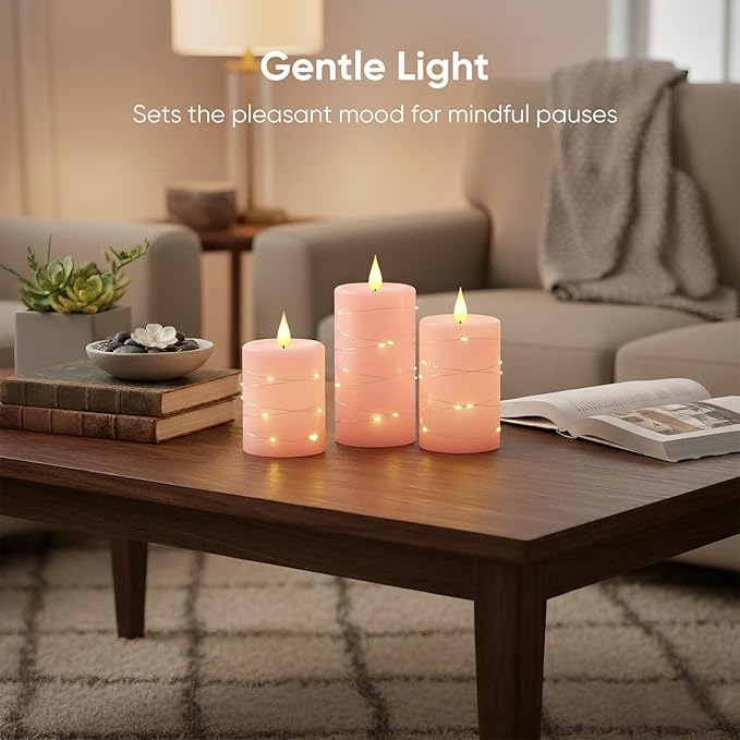 Amagic 3"×6" Easter Decorations Flameless Candles with String Lights, Pink 11-Key Remote & Timer Battery Operated Flickering Led Pillar Candles Real Wax for Home, Lantern Decor, Set of 2