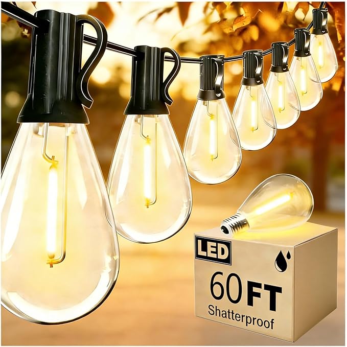 60FT Outdoor String Lights S11 LED Patio with 17 Plastic Bulbs(1 Spare),Waterproof Connectable Hanging Lights for Backyard Porch Balcony Party Decor