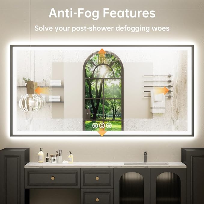 55x30 LED Bathroom Mirror with Lights, Black Aluminum Framed, Backlit + Front Lit, Lighted Bathroom Vanity Mirror for Wall, Anti-Fog, Memory Function, Dimmable, Shatterproof ETL Listed