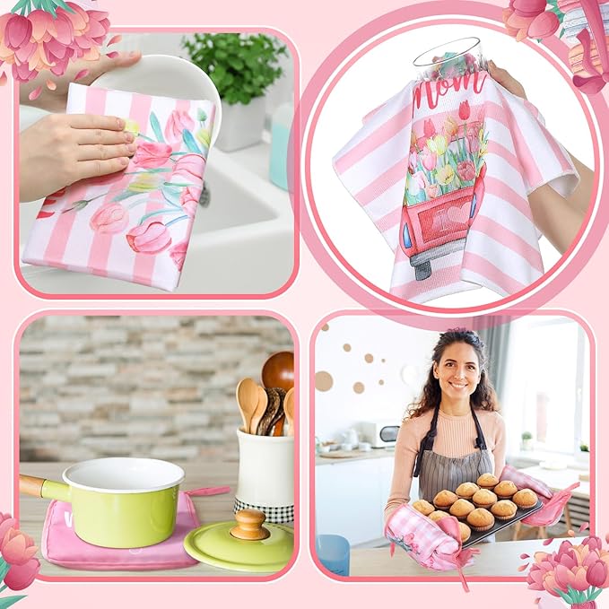 Fourluoo 10 Pcs Mothers Day Kitchen Decor Set Kitchen Towels and Rugs Oven Mitts and Pot Holders Farmhouse Decor for Mom Gift Cooking Baking Grilling