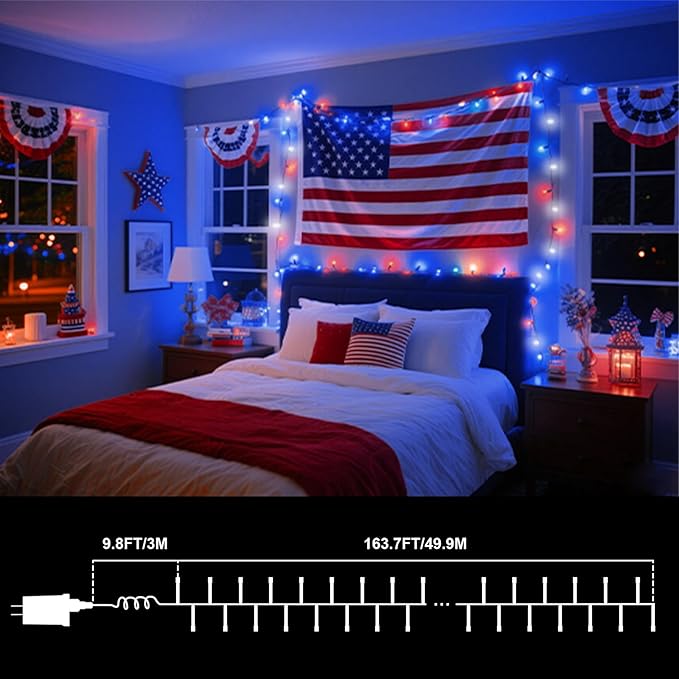 LAMPHOME 165ft 500 LED Red White and Blue Patriotic String Lights, 16 Modes Red White Blue Lights Plug in, 4th of July Lights Outdoor for Independence Day Memorial Day 4th of July Decoration