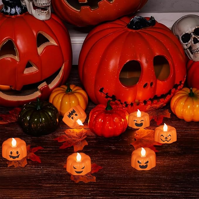 DRomance Halloween Pumpkin Lights Flameless Candles Battery Operated with Timer, 200 Hours Lasting LED Flickering Votive Tealight Candles Spooky Face Halloween Decorations Indoor(6 Pack, 1.9" x 1.6")