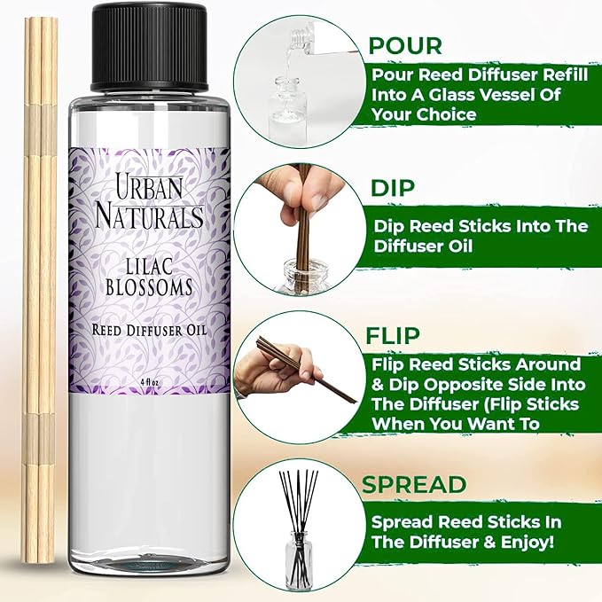 Urban Naturals Reed Diffuser Oil Refill, Lilac Blossoms Oil for Diffuser with Lilac, Violets, Lily of the Valley, 4 oz + Free Reed Sticks, Made in the USA