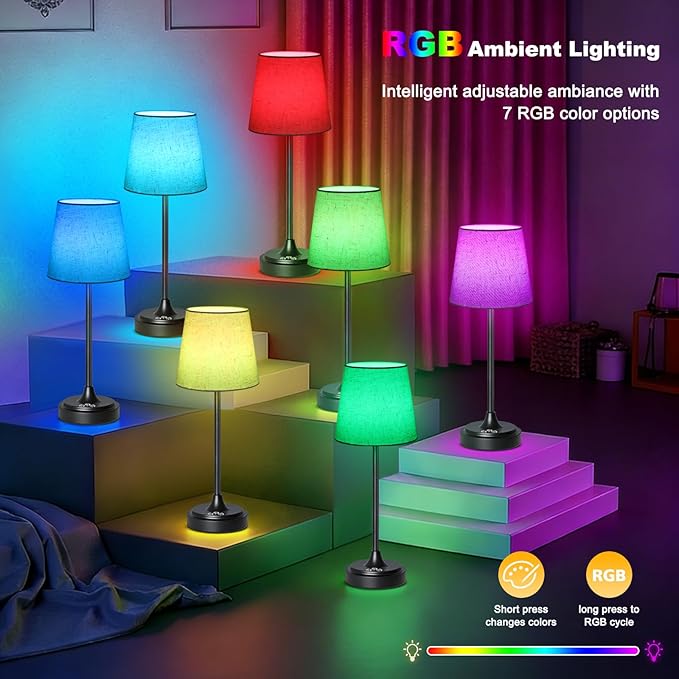 Cordless Table Lamp Rechargeable,5000mAh Battery Operated Desk Lamp,3 Colors & 7 RGB Stepless Dimmable,Touch Ambient Light for Bedside,Bedroom,Dining Room,Living Room,Black,FlaxenShade