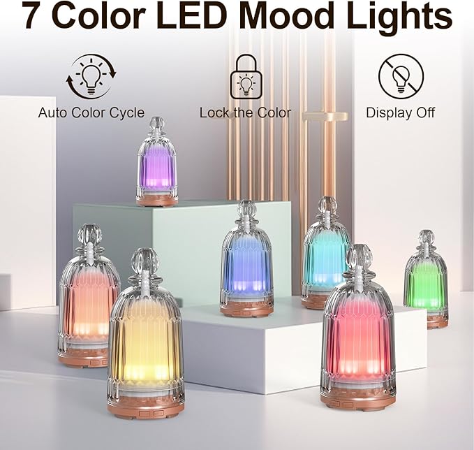 120ml Glass Essential Oil Diffuser, Ultrasonic Aroma Diffuser Glass Cover & Plastic Reservoir with Auto Shut-Off 7 Colors LED Lights for Home Office Bedroom(Bronze Base)