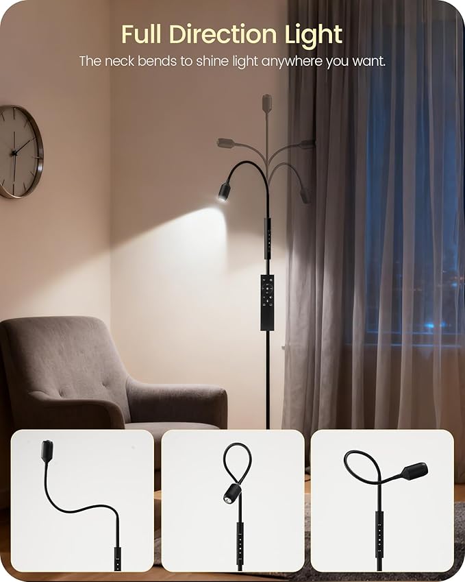 Reading Floor Lamp, 74.2" Tall LED Lamp, with 360° Flexible Gooseneck & Touch & Remote Control, Ajustable Color & Beam, Crafts Standing Lamp, for Reading, Task Craft, Living, Black WB16LD05