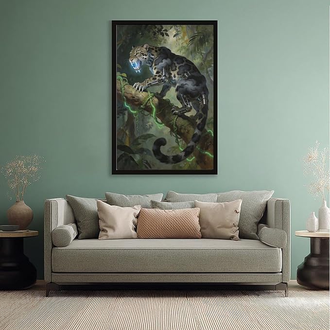 Framed Steampunk Mechanical Leopard Wall Art - Jungle Futuristic Beast Poster for Man Cave Living Room Decor 16x24in