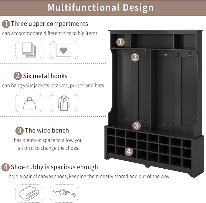 Wide Hallway Coat Rack Hall Tree with Shoe Storage Rack, 24 Cubes 6 Hooks and 3 Top Shelves, Large Storage Bench for Entrance, Enterway (Black)