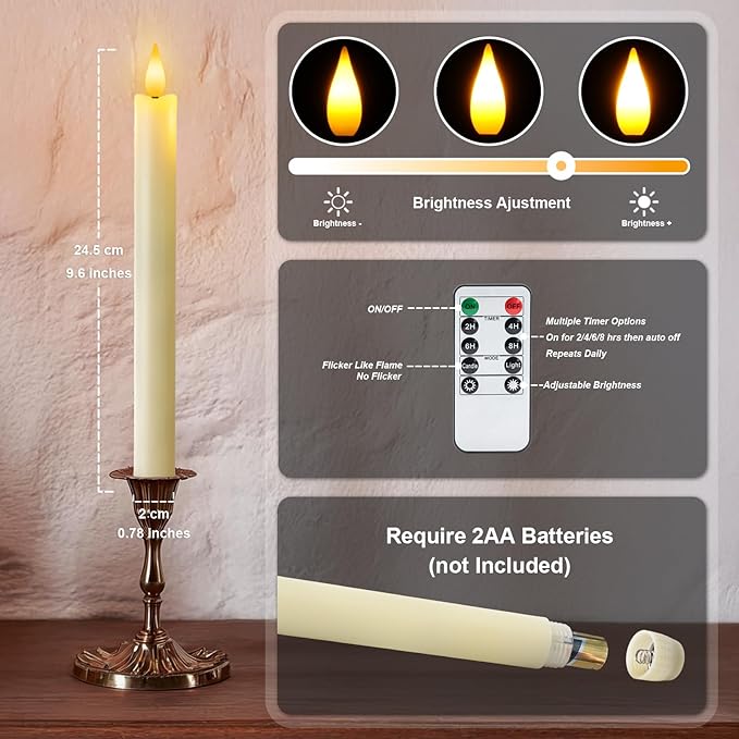 12 Pcs Flameless Taper Candles with Remote Timer Dimmer, 9.6 inches Ivory Plastic LED Candlesticks, Battery Operated Led Warm Light Window Candles, for Wedding Home Christmas Decoration