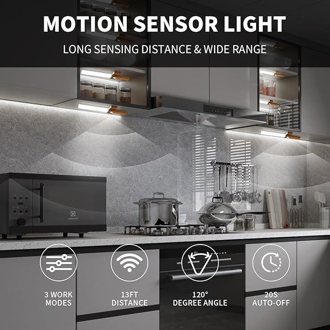 ASAWASA Under Cabinet Lights,Motion Sensor Light Indoor, 2 Pack Magnetic Dimmable Closet Lights, Wireless Under Counter Lights for Kitchen（White Light）
